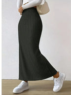 Noemi Ribbed Knit Skirt detail view styled for Avrienne
