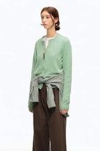 Green Wool Blend Crew Neck Knit Cardigan image 4