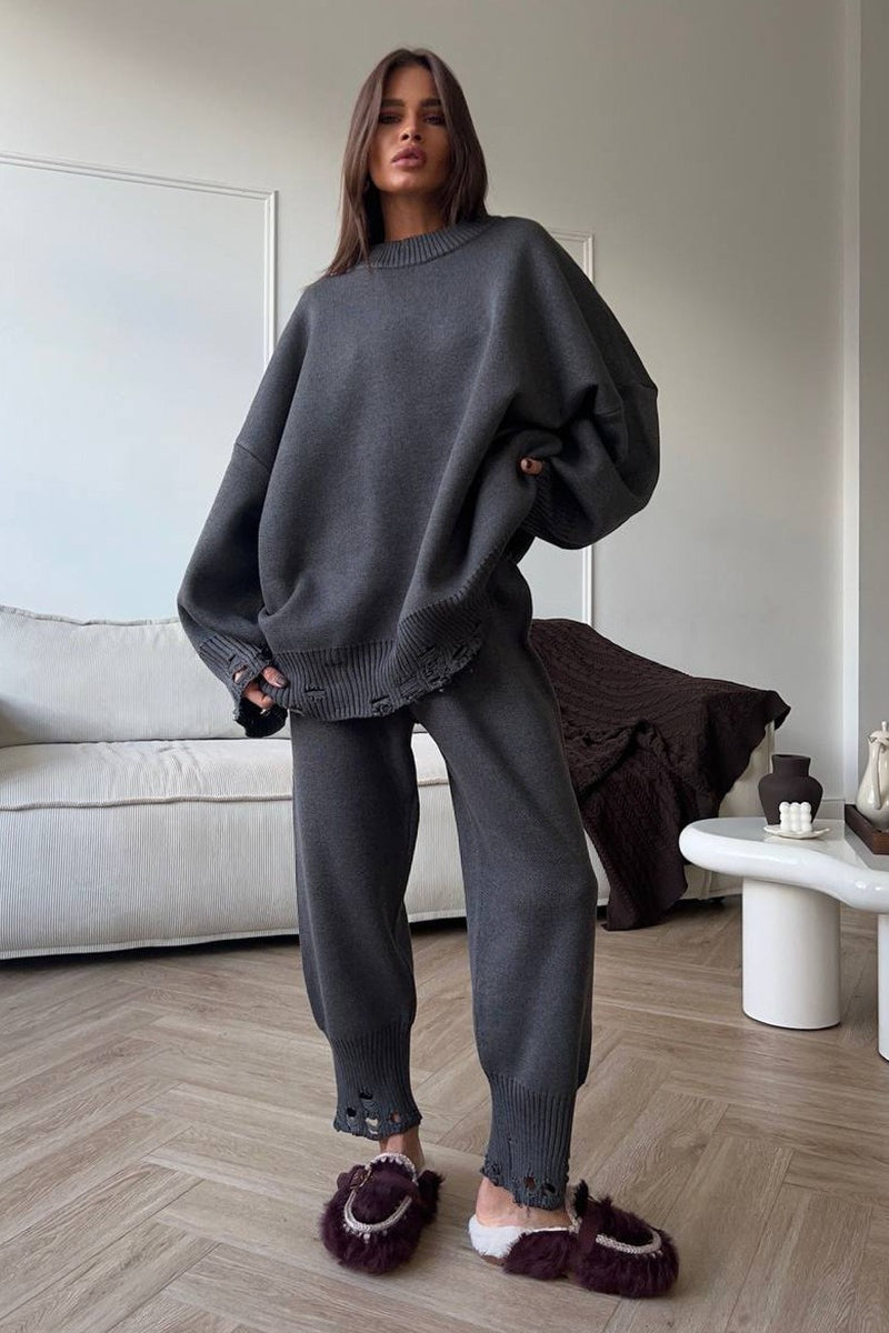 Solid Distressed Knit Crew Neck Sweater Two Piece Set image 13