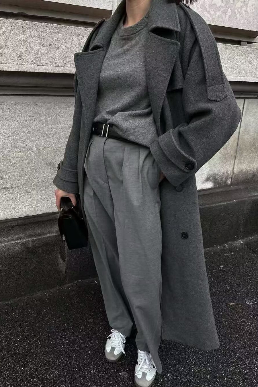 Double-Breasted Belted Slim-Fit Woolen Long Overcoat image 3