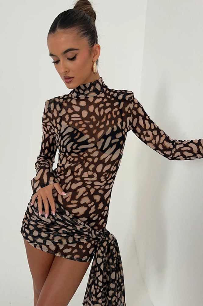 Mesh Turtleneck Leopard Print Bodycon Mini Dress image 2