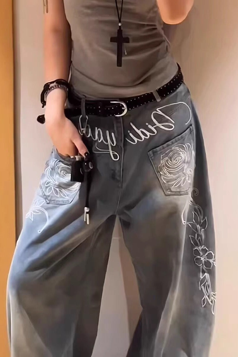 Y2K Floral Letter Embroidery Wide Leg Jeans image 2