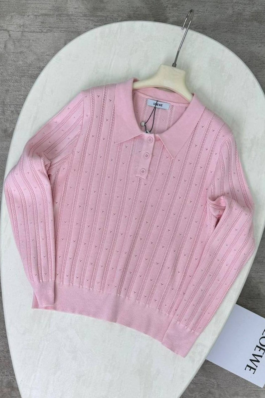 Jacquard Polo Collar Long Sleeve Loose Blouse image 3