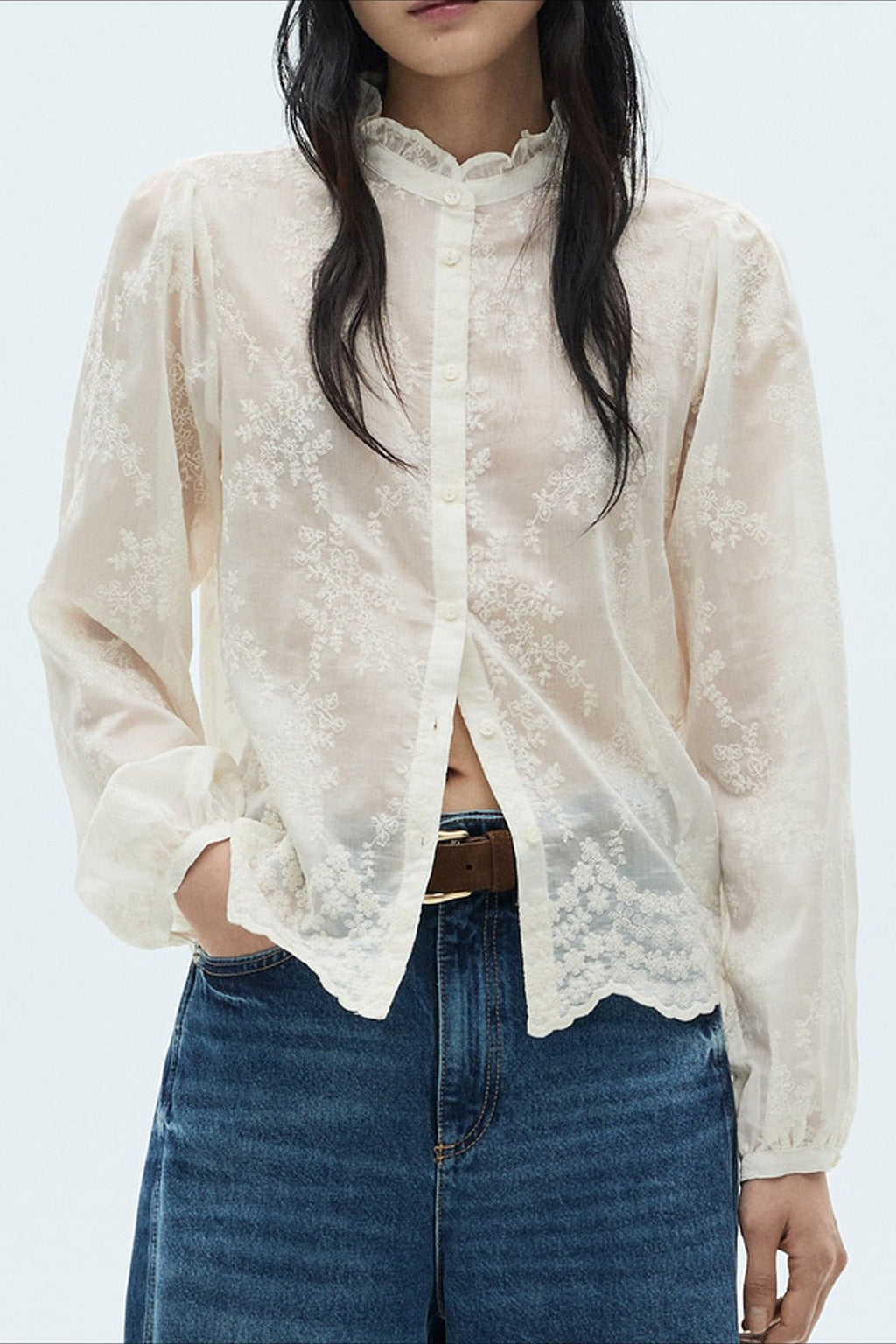 Sheer Tencel Chiffon Embroidered Blouse image 2