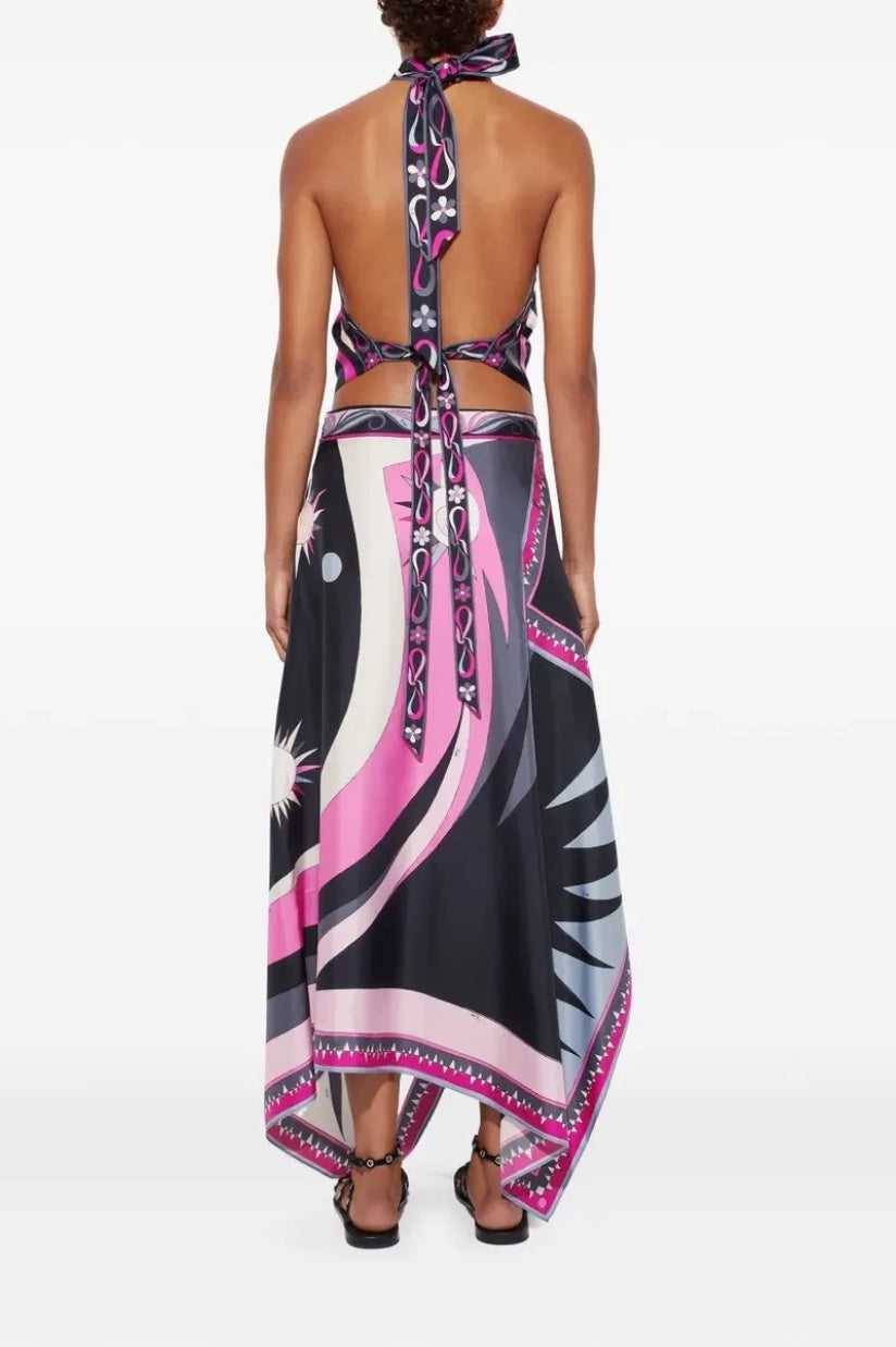 Satin Printed Halter Backless Skirt Set image 4
