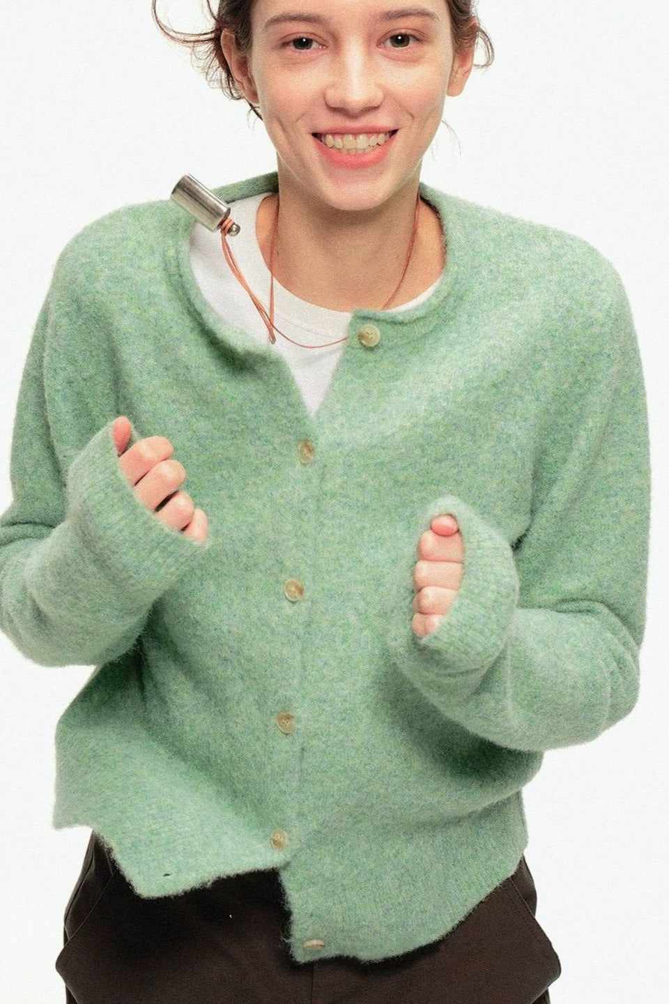 Retro Crew-Neck Green Knit Cardigan image 1
