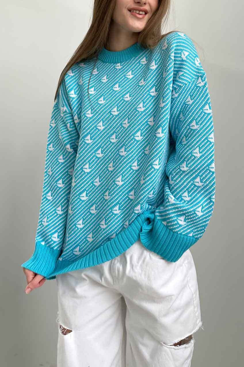 Sailboat Pattern Crew Neck Knit Sweater image 6