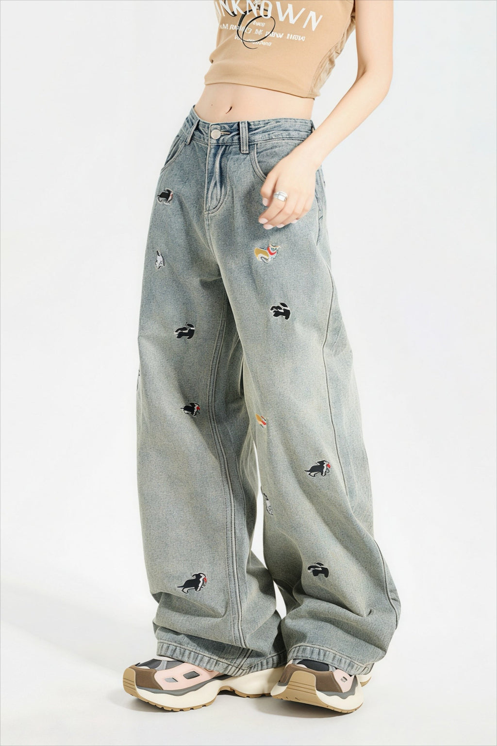 Cute Dog Embroidered Vintage Loose Jeans image 2