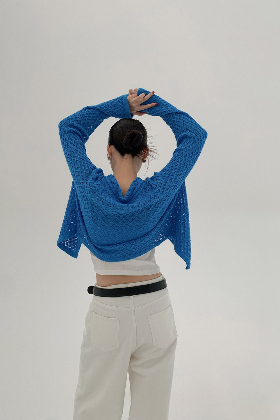Hollow-Out Collared Tie-Waist Long-Sleeve Short Knit Cardigan image 11