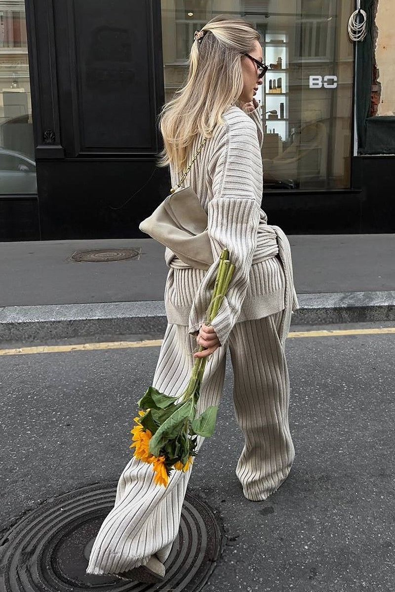 Relaxed Fit V Neck Ribbed Sweater with Pants Two Piece Pants Set image 8