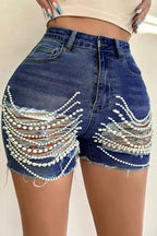 Beaded Chain Ripped High Waist Denim Shorts image 8