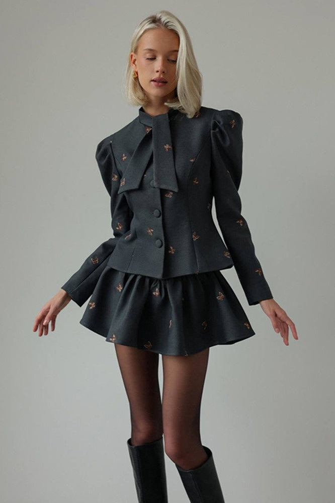 Embroidered Waist-Cinched Blazer & Mini Skirt Two Piece Set image 5