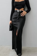 Khaki PU Leather High Waist Split Midi Skirt image 5