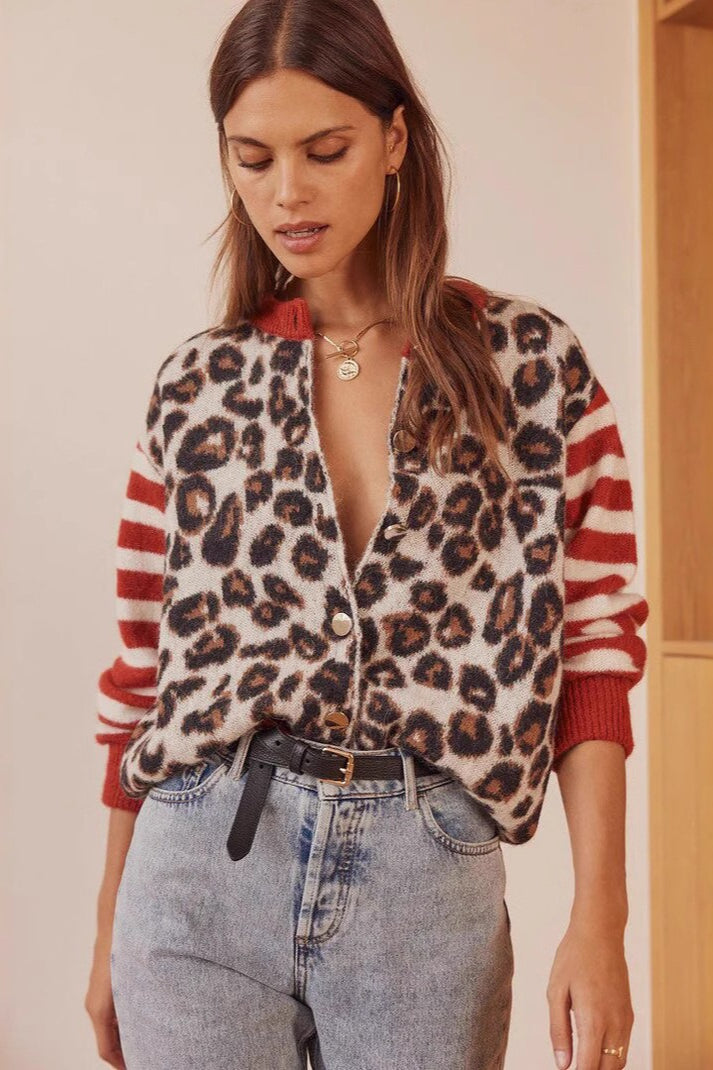 Leopard Print Contrast Cardigan Sweater image 1