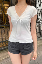 Solid Casual Lace Trim Tie T-Shirt image 2