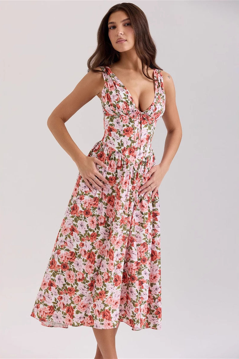 Slim V Neck Spaghetti Strap Floral Dress image 1
