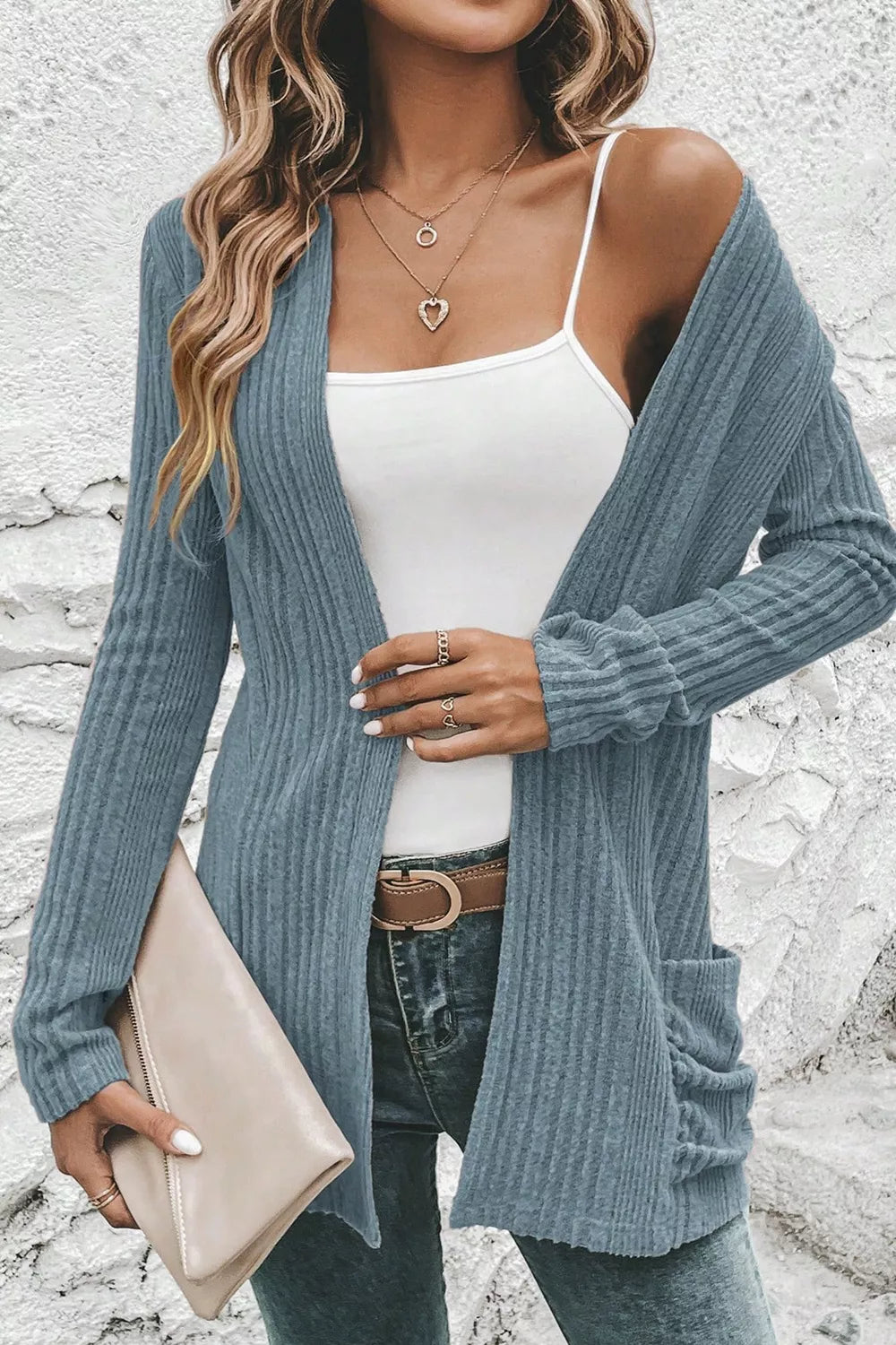 Estelle Pocket Cardigan detail view styled for Avrienne