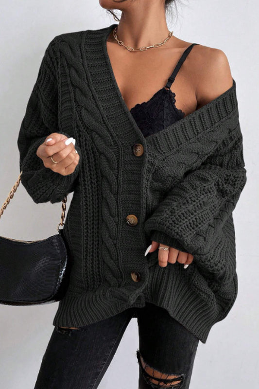 V-Neck Vintage Cable Knit Balloon Sleeve Cardigan image 11