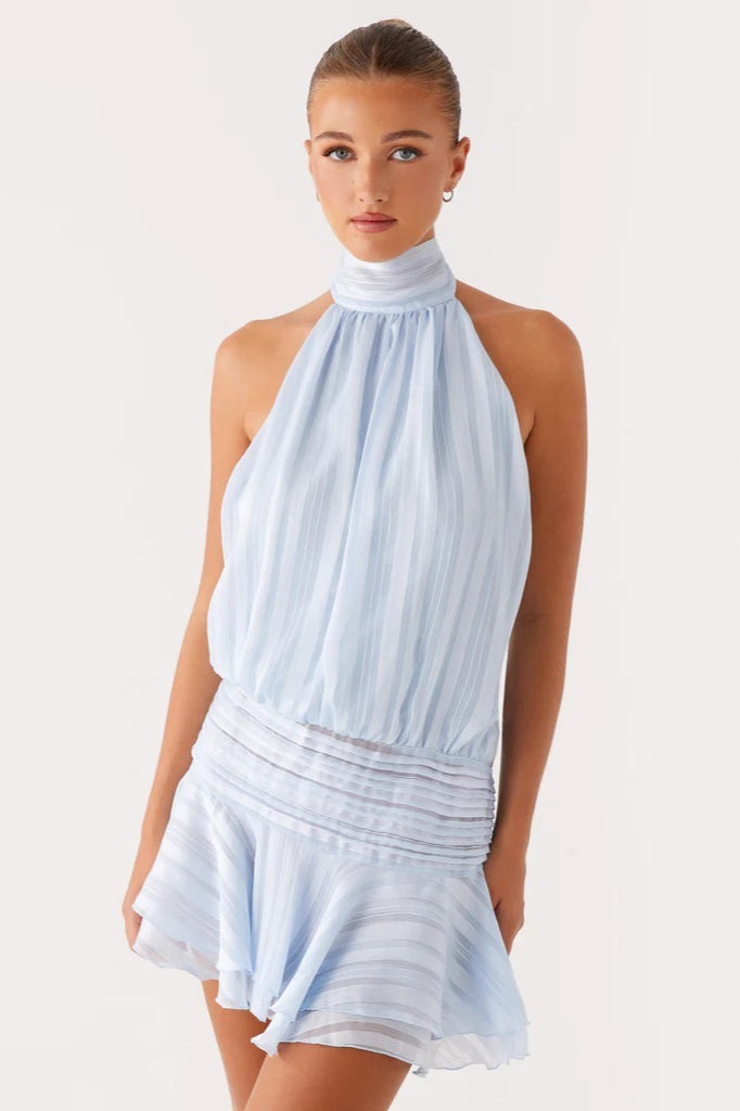 Elegant Halter Satin Jacquard Stripe Mini Dress image 18