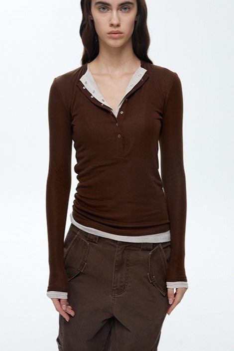 Button Detail Layered Long Sleeve Knit Top image 6