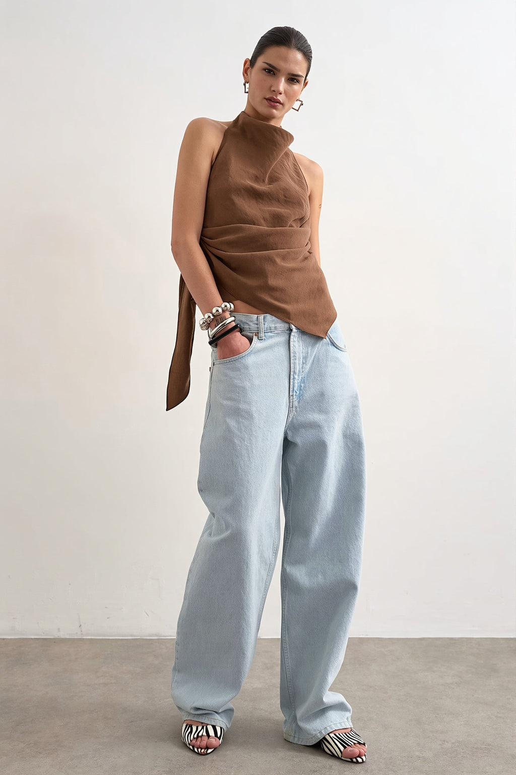 Cowl Neck Backless Asym Draped Halter Top image 7