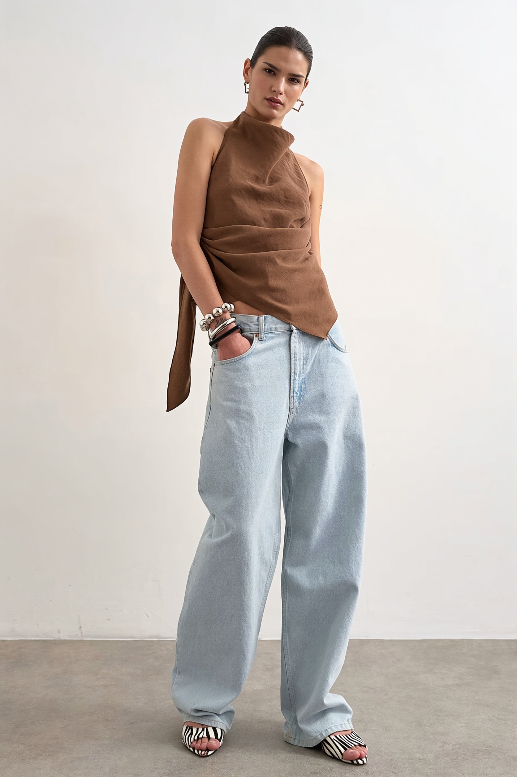 Cowl Neck Backless Asym Draped Halter Top image 7