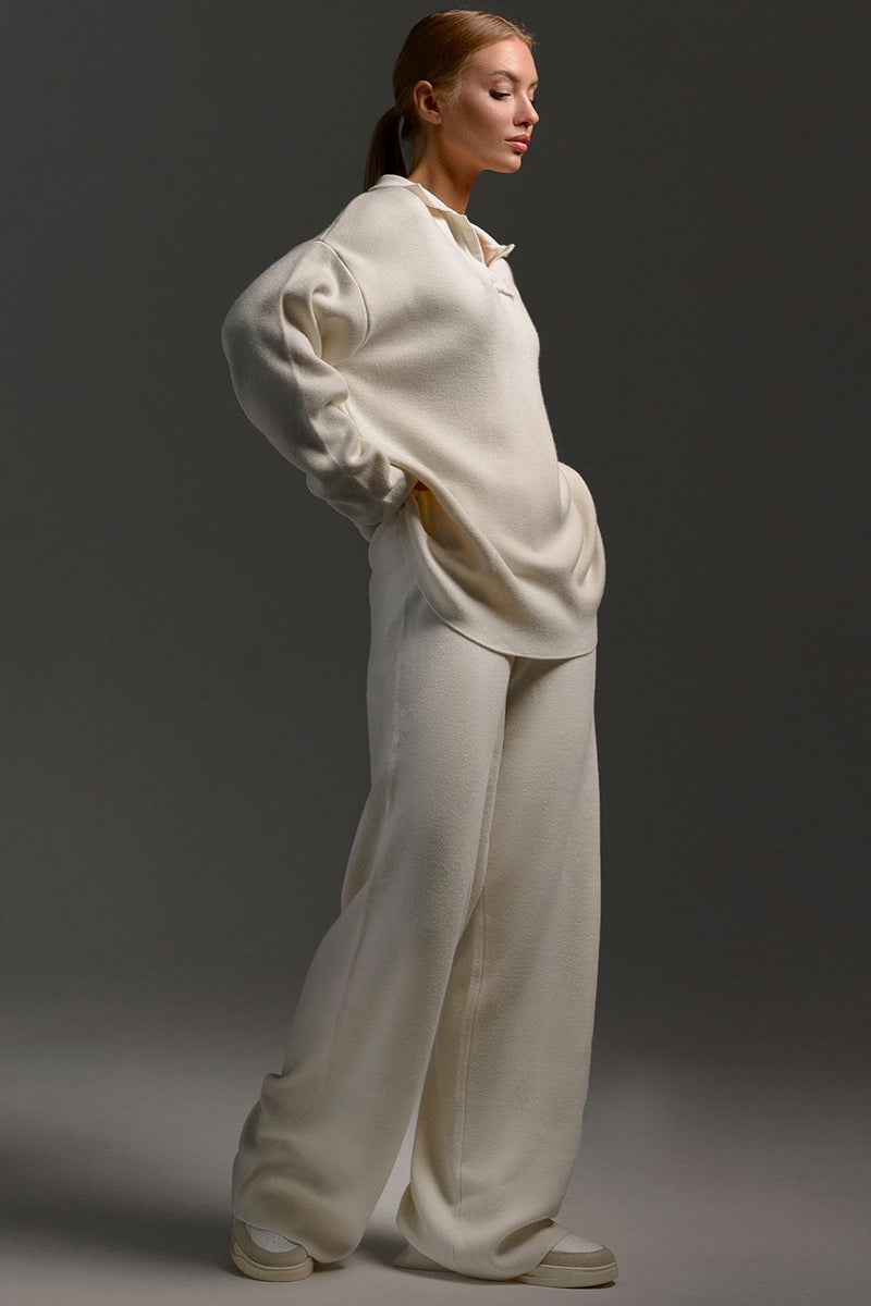 Polo Collar Knit Pullover Wide-Leg Pants Two Piece Set image 3