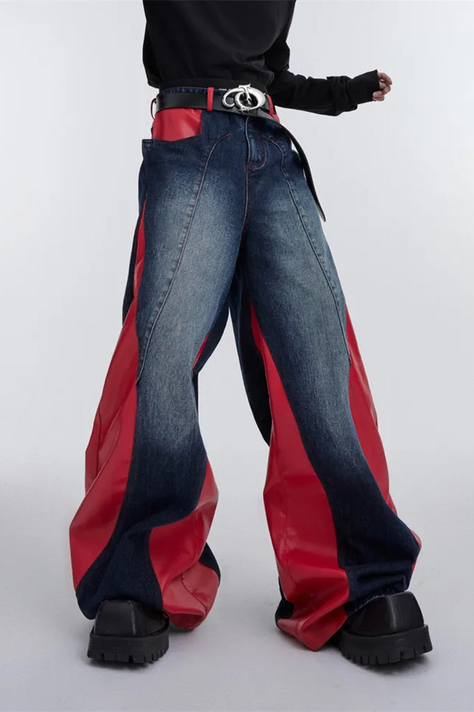 Wide Leg PU Leather Patchwork Jeans image 3