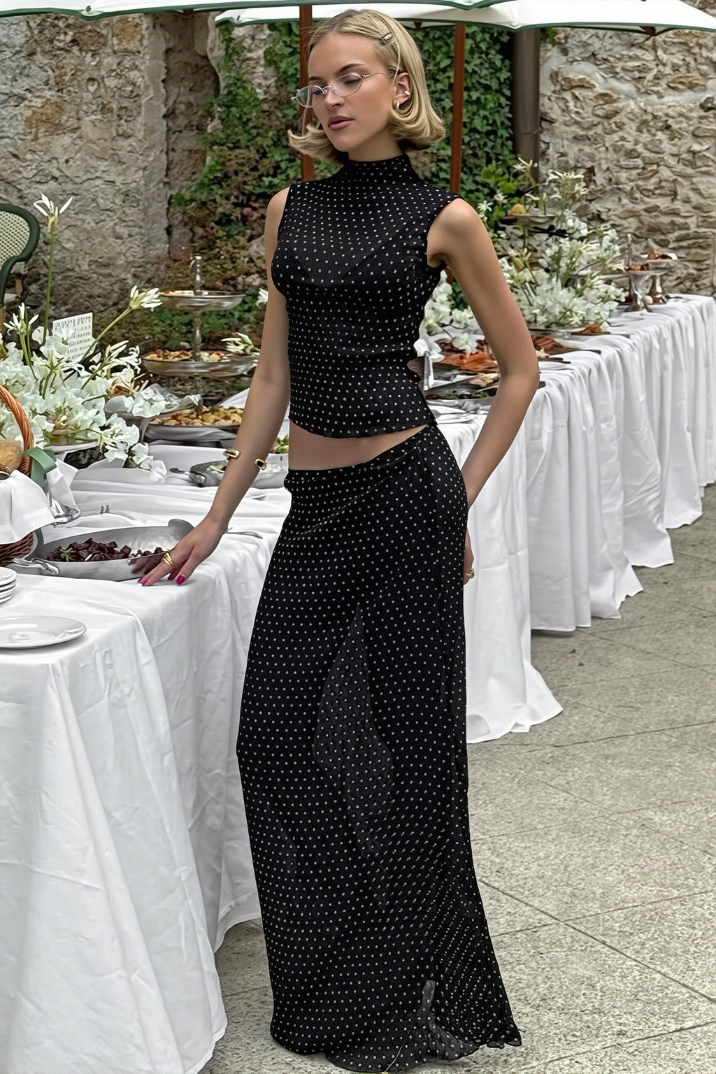 Polka Dot Sleeveless Top High Waist Maxi Skirt Sets image 3