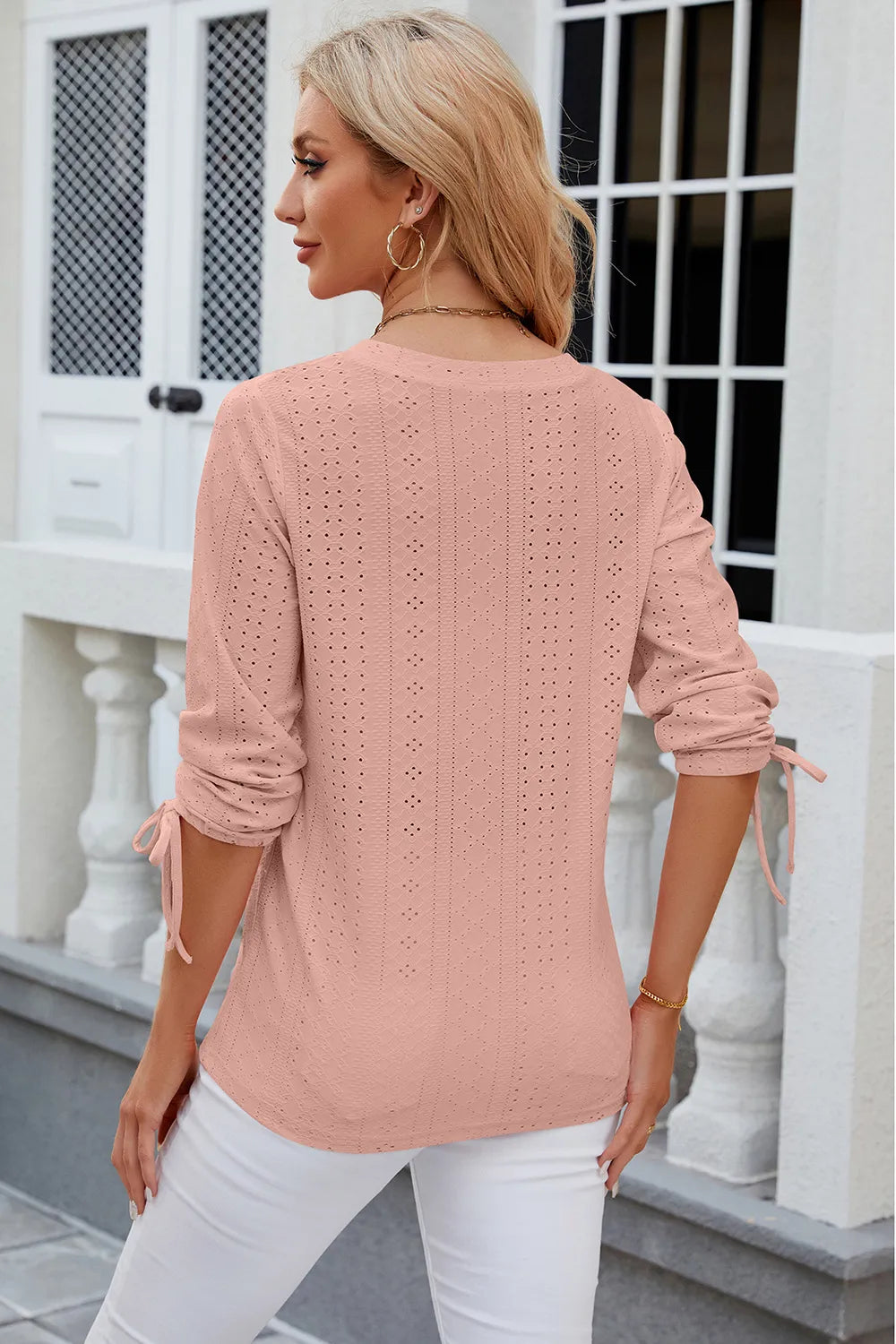 Petra Eyelet Top detail view styled for Avrienne