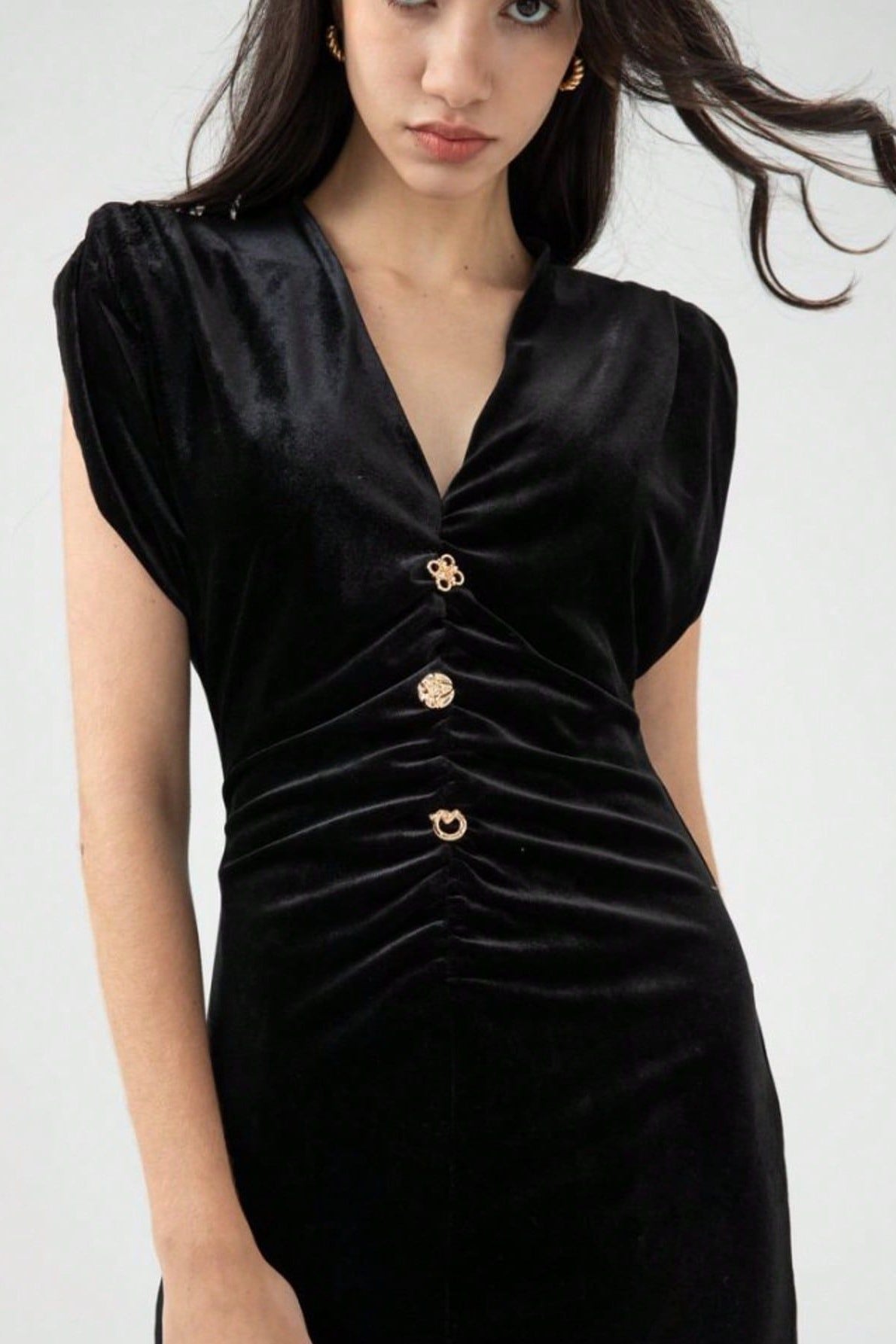 Velvet Ruched V-Neck Bodycon Midi Dress image 4