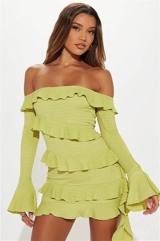 Off Shoulder Ruffle Flare Sleeve Mini Dress image 2