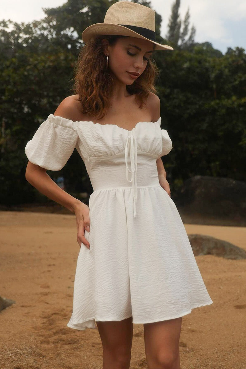 Off Shoulder Puff Sleeve Tie Mini Dress image 5