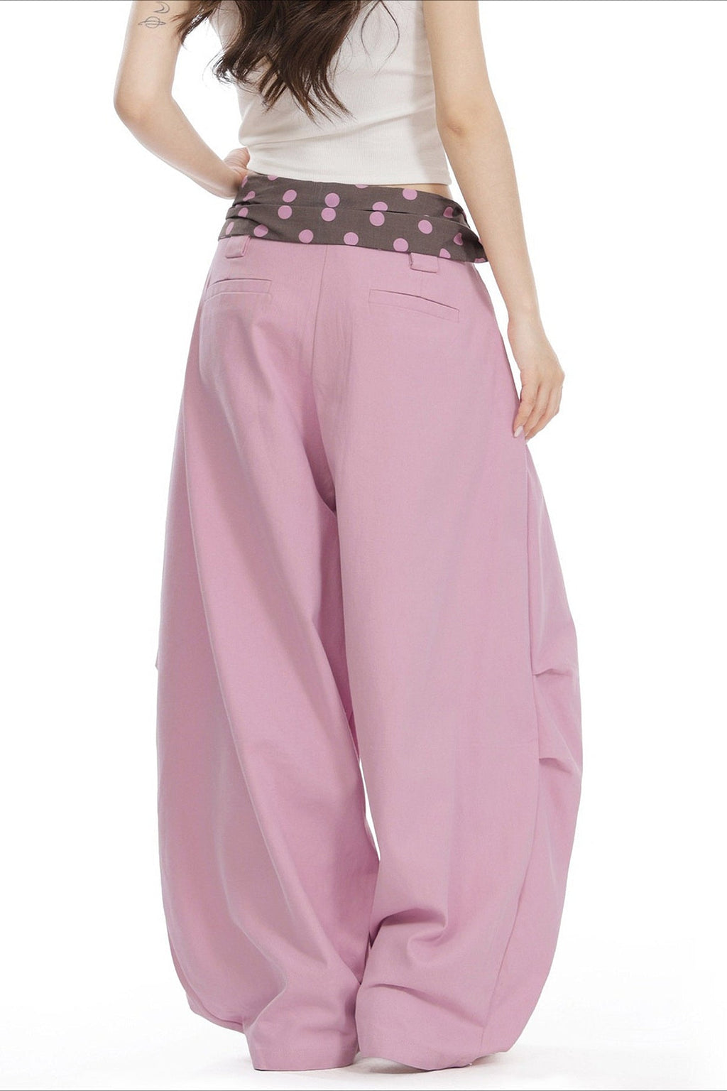Splice Polka Dot Fold Waist Pants image 3