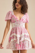 Floral Lace Patchwork V Neck Puff Short Sleeve Mini Dress image 1