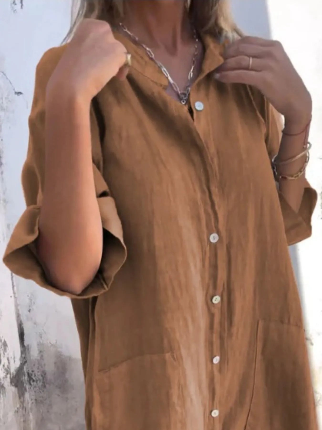 Marseille Linen Shirt Dress detail view styled for Avrienne