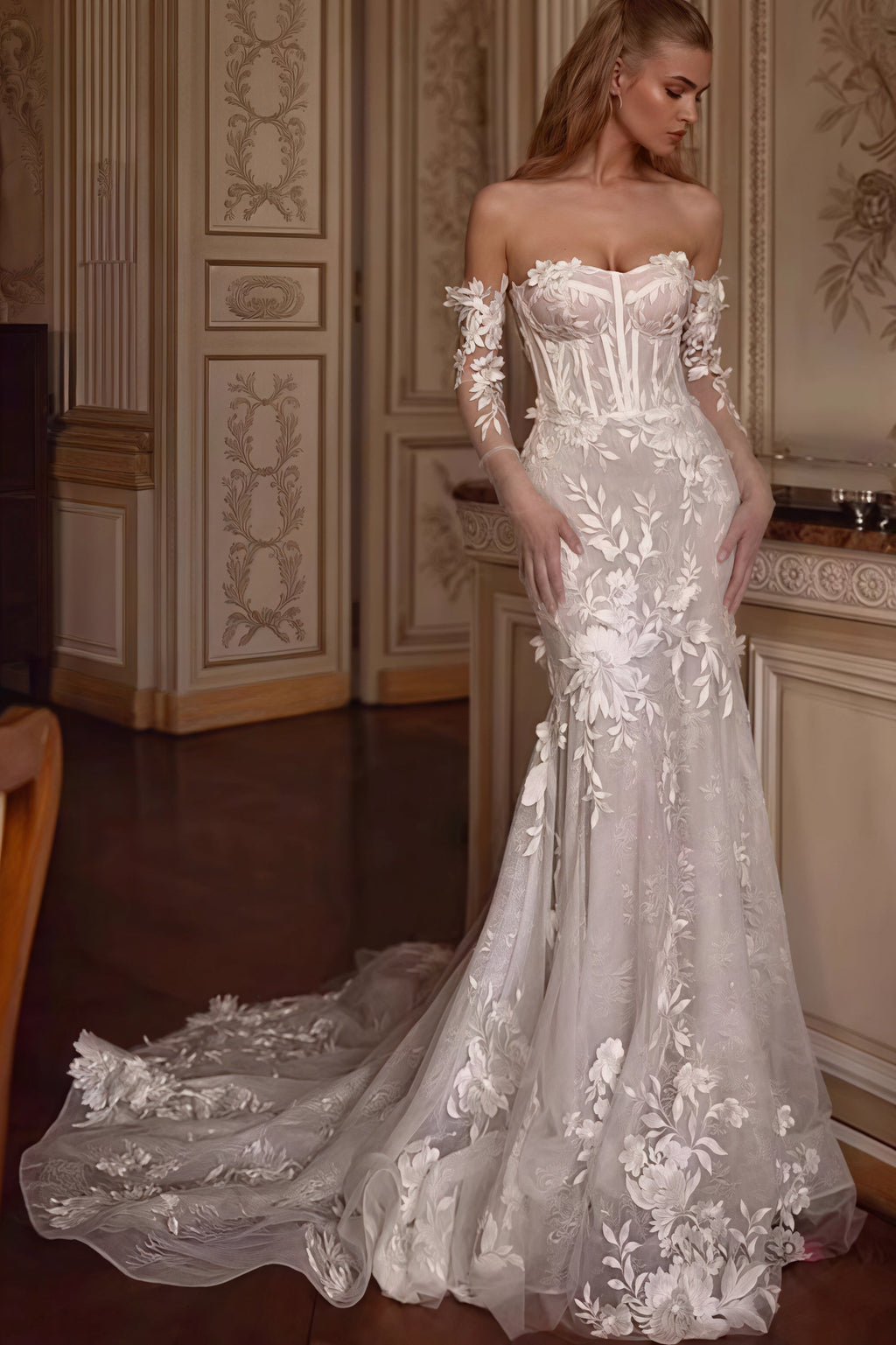 Bohemian Lace Mermaid Train Wedding Dress image 1