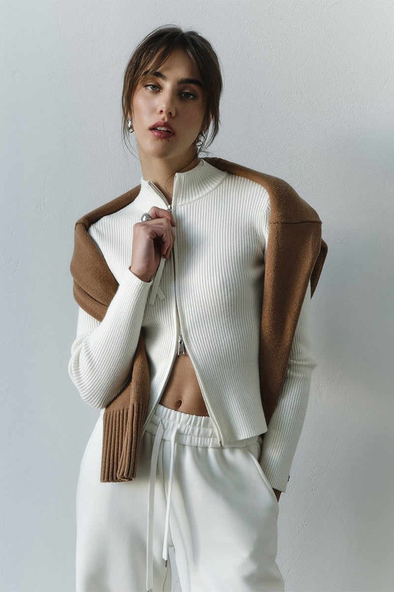 Knit Double Zipper Stand Collar  Blouse image 1
