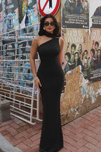 Asymmetrical Shoulder Bodycon Maxi Dress image 1