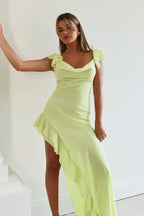 Satin Cowl Neck Ruffled Slit Maxi Dress image 5