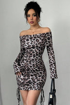Leopard Print Off Shoulder Ruched Mini Dress image 1