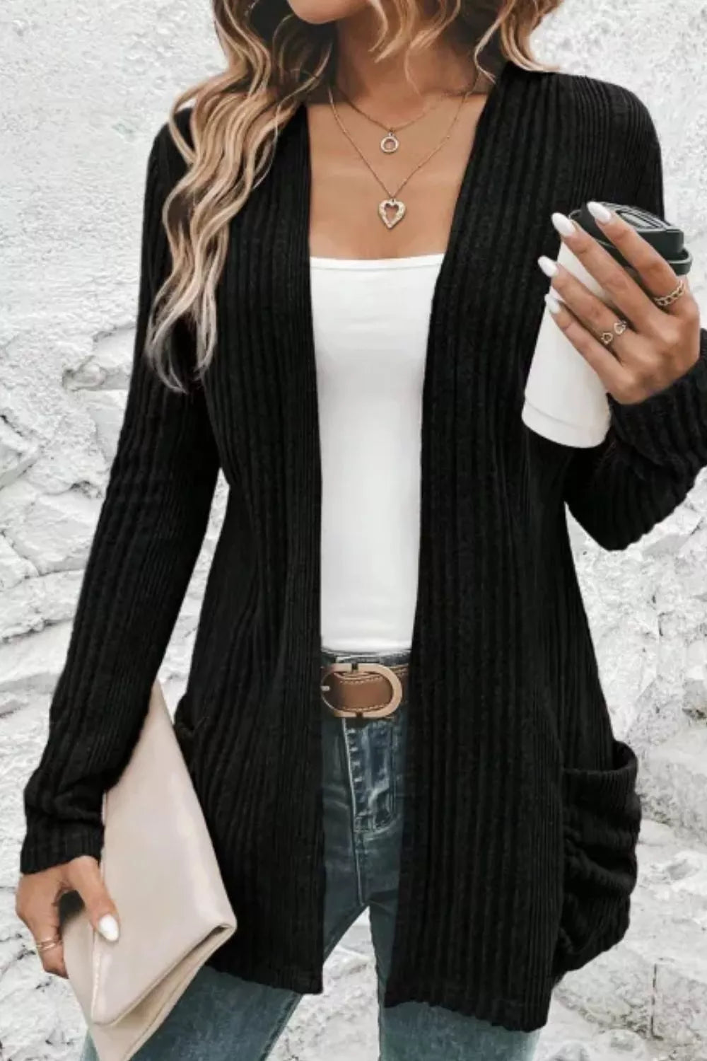 Estelle Pocket Cardigan detail view styled for Avrienne