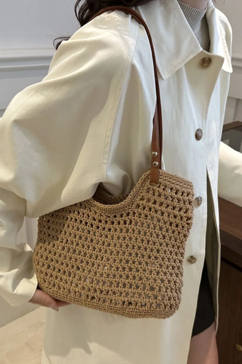 Marina Woven Tote detail view styled for Avrienne