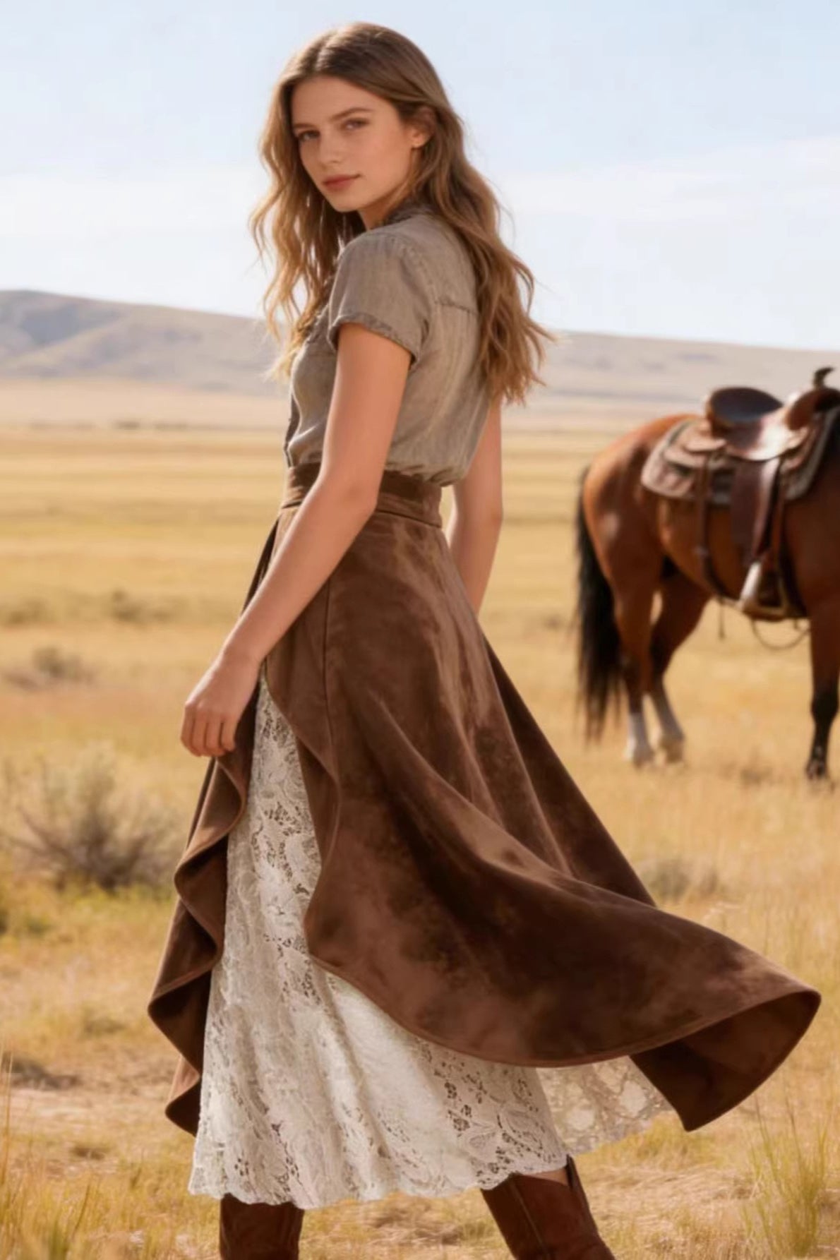Vintage Suede Lace Panel Midi Skirt image 4
