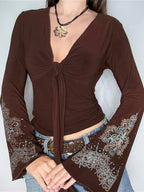 Vintage V Neck Printed Long Sleeve Long Sleeve Tee image 1