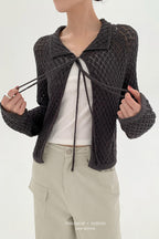 Hollow-Out Collared Tie-Waist Long-Sleeve Short Knit Cardigan image 1