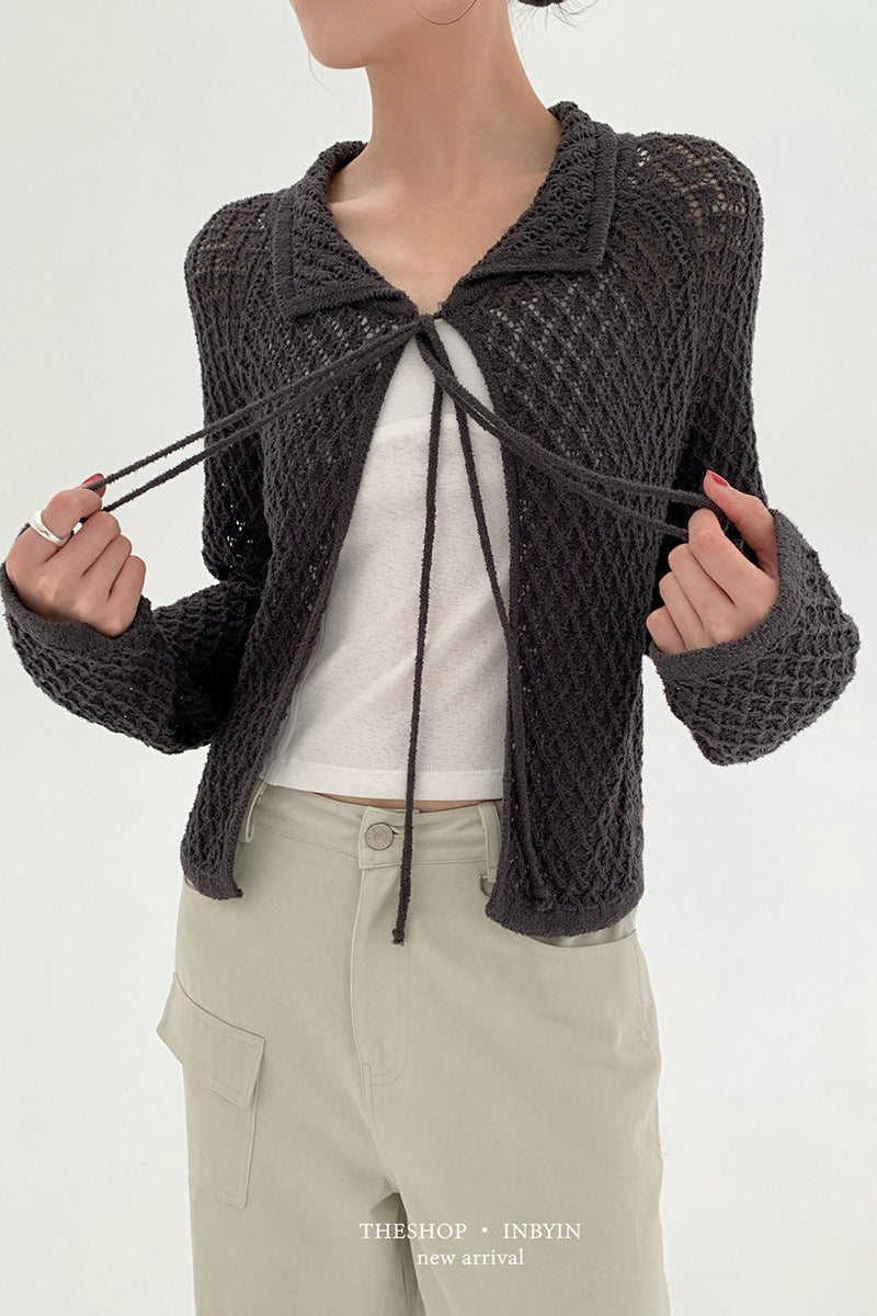 Hollow-Out Collared Tie-Waist Long-Sleeve Short Knit Cardigan image 1