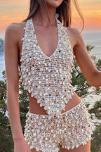 Shiny Sequin Cut Out Tie Back Top And Skirt Two Piece Set image 4