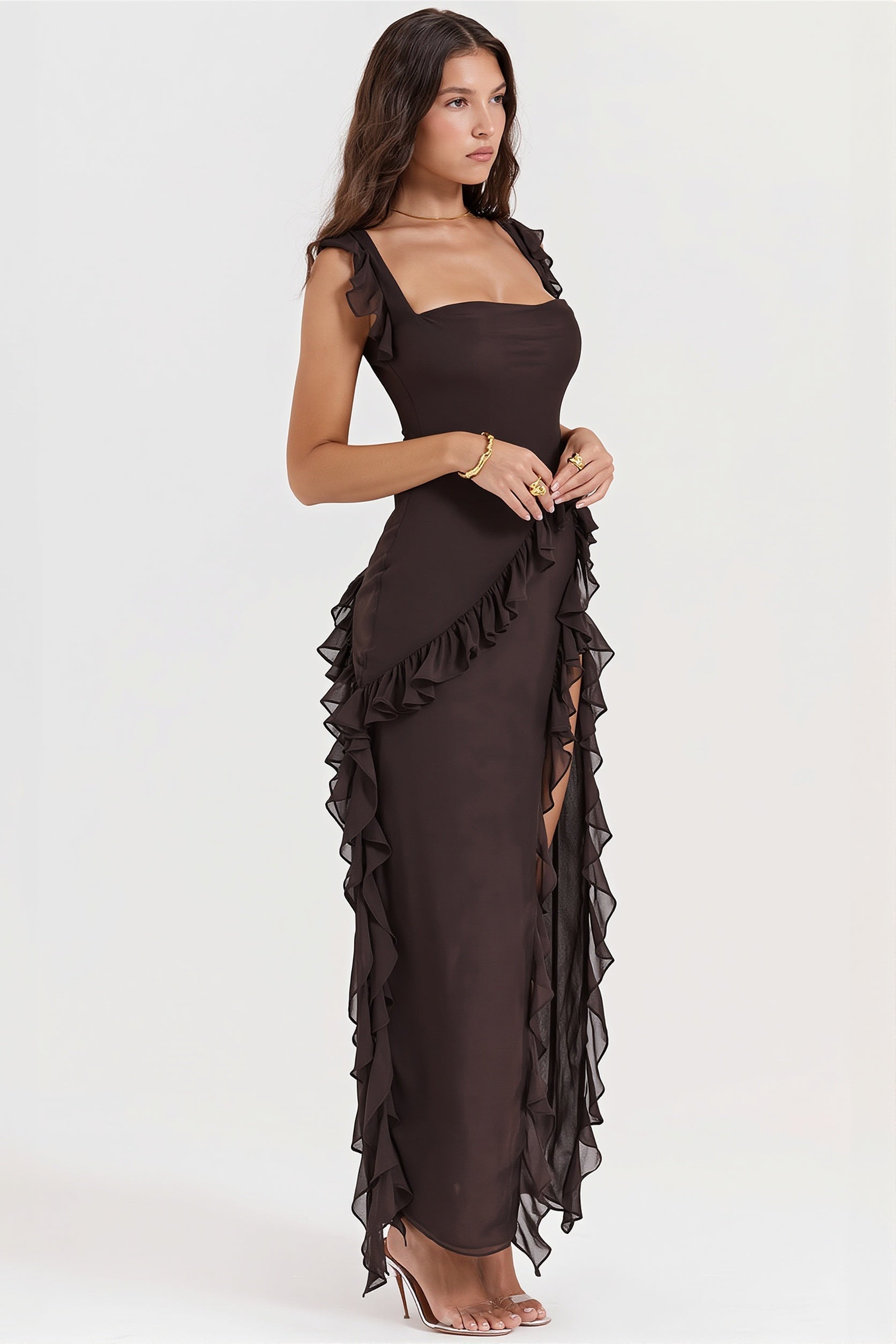 Ribbon Ruffle Splice Slit Maxi Dress image 7