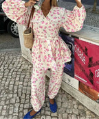 Pink Print Peter Pan Ankle Pants Office Two Piece Set image 2